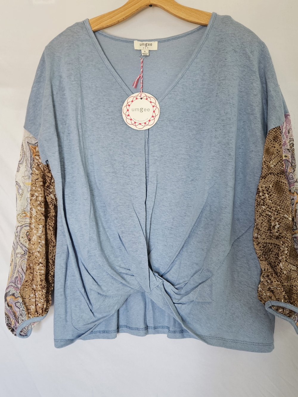 Umgee Boho Blouse Womens Blue Long Puff Sleeve Hippie Festival Knot Front
